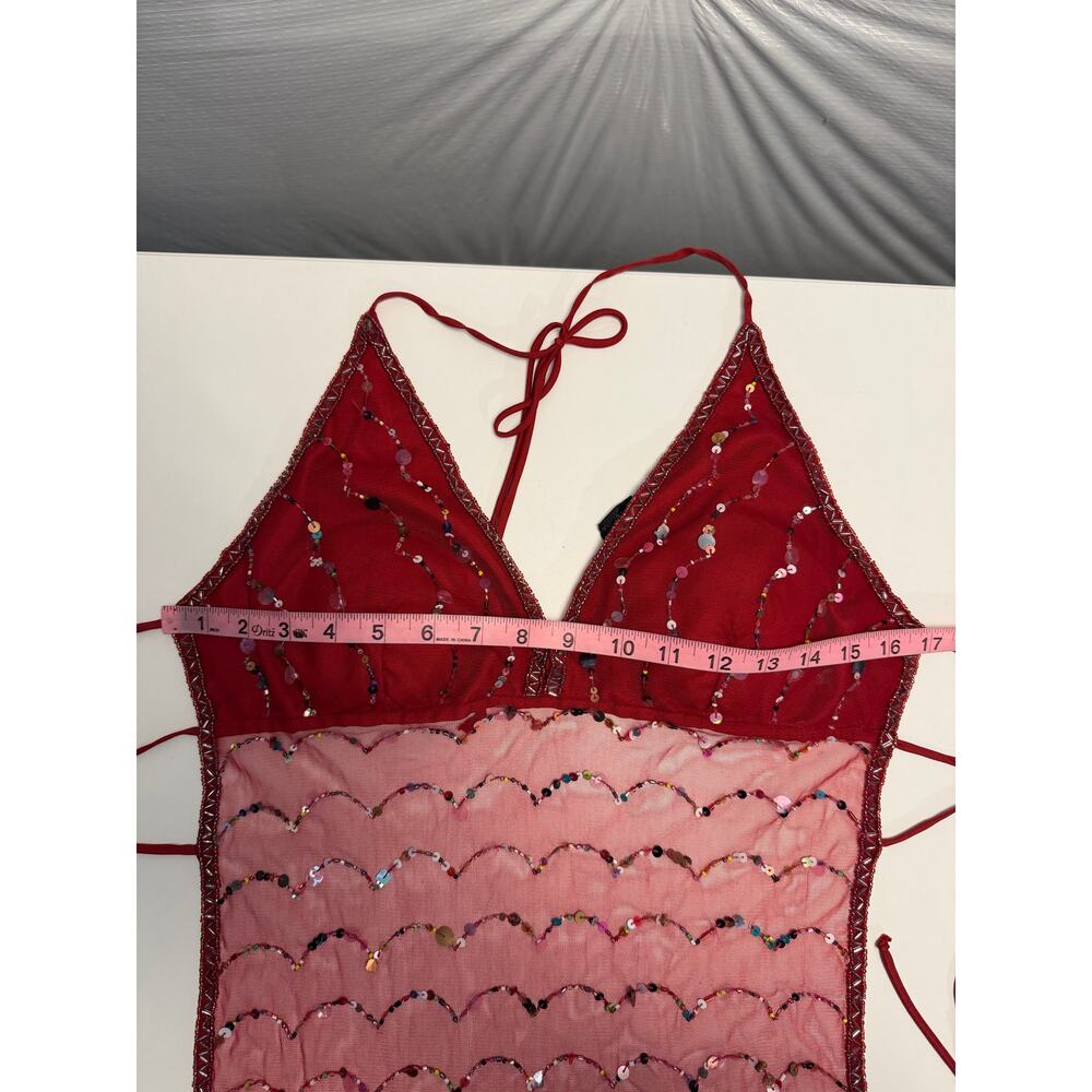 Y2K Vanity Womens M Mesh Backless Sequined Sheer Top Red Festival Fairy - Picture 9 of 10